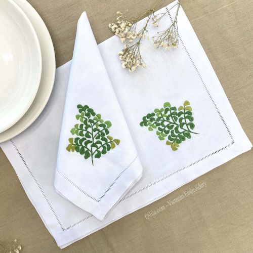 Leaft Embroidered Hemstitch Border Cotton/Linen Placemat And Napkin Sets