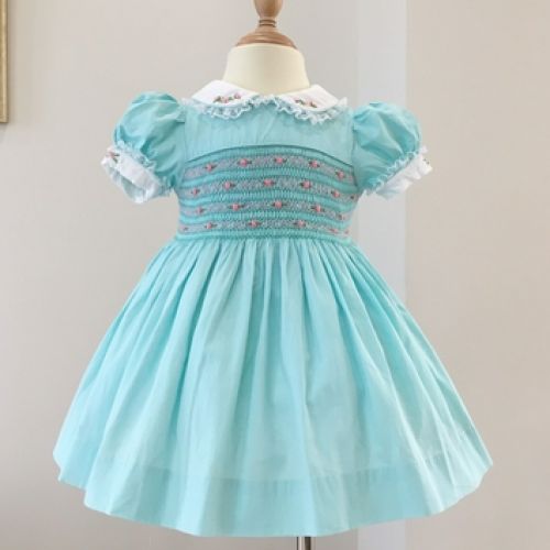 Handmade Embroidery Smocked Dress For Child Girls - Light Blue (style 1)