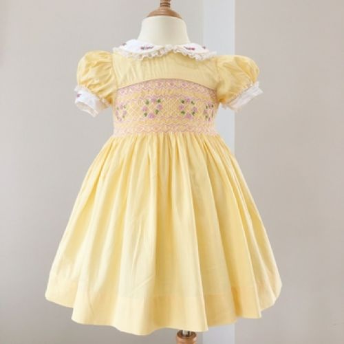 Handmade Embroidery Smocked Dress For Child Girls - Yellow (Style 2)