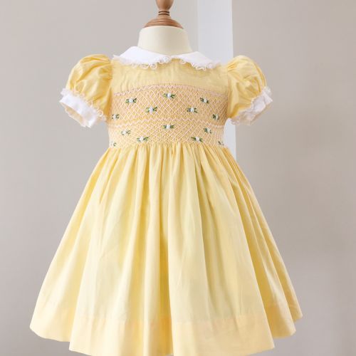 HANDMADE EMBROIDERY SMOCKED DRESS FOR CHILD GIRLS - Yellow (STYLE 3)