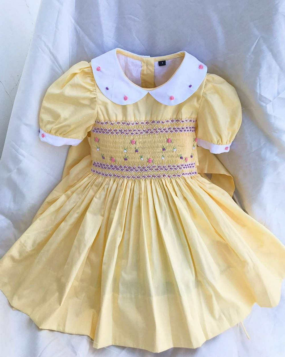Váy Smock Thêu Tay Họa Tiết Hoa Cho Bé Gái - Vàng (Kiểu 1)