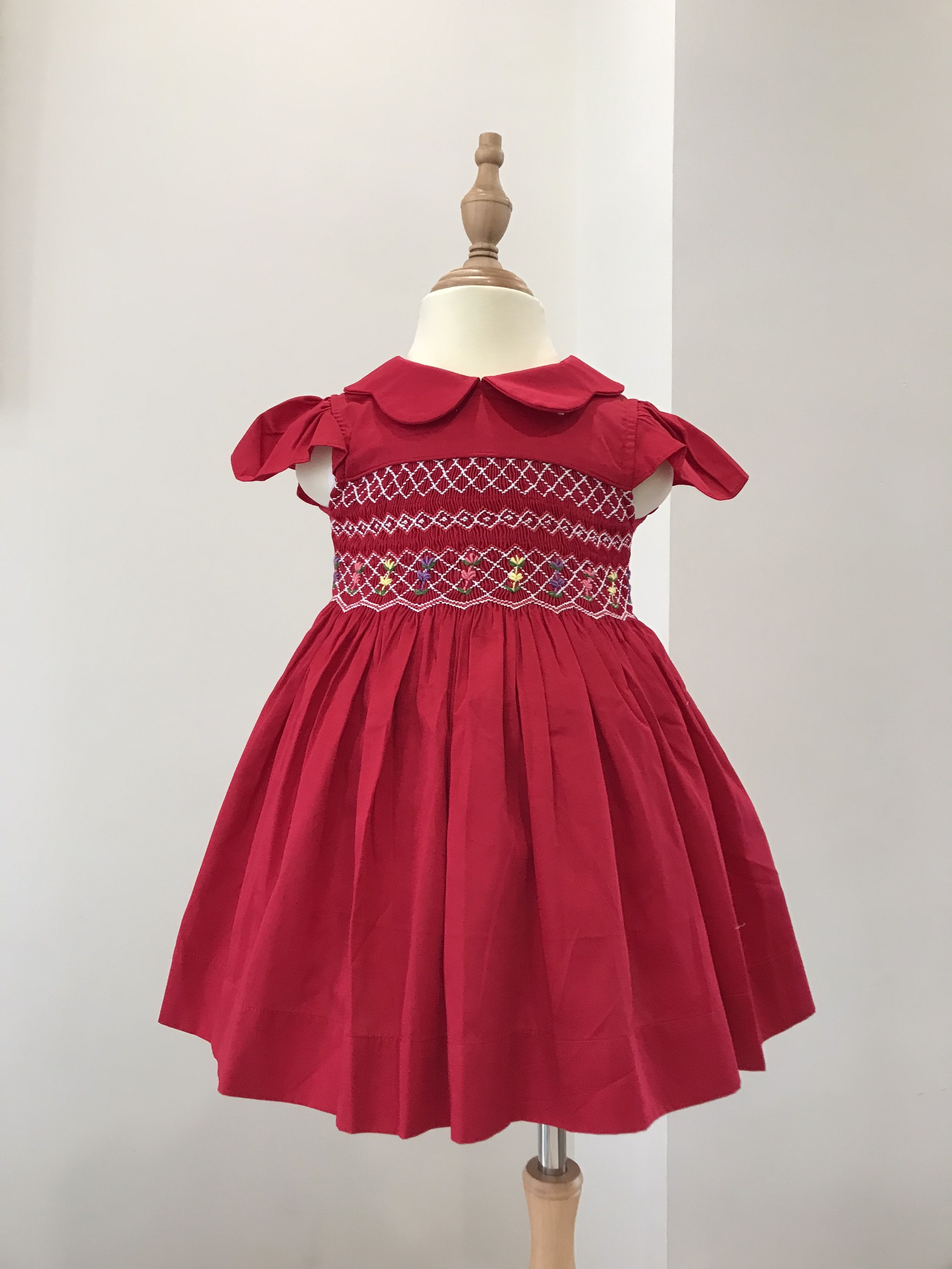 Váy Smock Thêu Tay Họa Tiết Hoa Tiết Hoa Cho Bé Gái - Đỏ