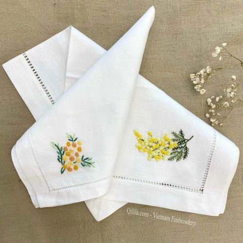 Floral Embroidered Hemstitch Border Cotton/Linen Napkin And Placemat Sets