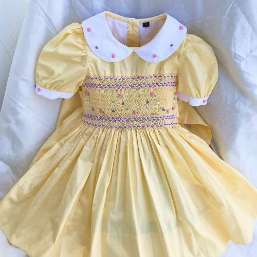 HANDMADE EMBROIDERY SMOCKED DRESS FOR CHILD GIRLS - Yellow (Style 1)