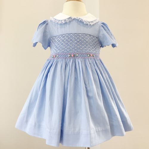 HANDMADE EMBROIDERY SMOCKED DRESS FOR CHILD GIRLS - light blue (style 2)