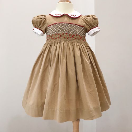 HANDMADE EMBROIDERY SMOCKED DRESS FOR CHILD GIRLS - Brown