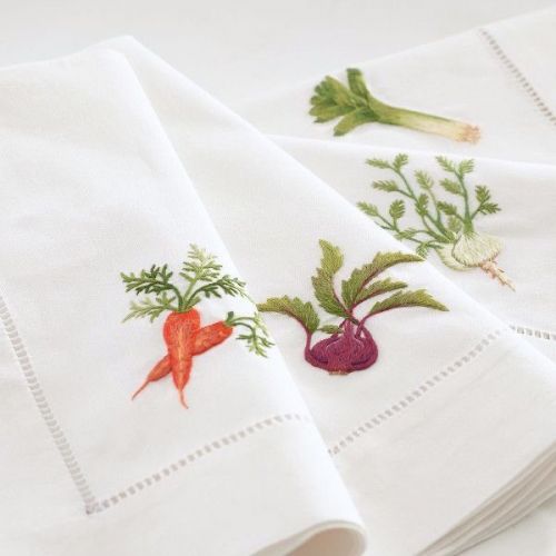 Vegetable pattern embroidery White Cotton/Linen Napkin with Hemstitch